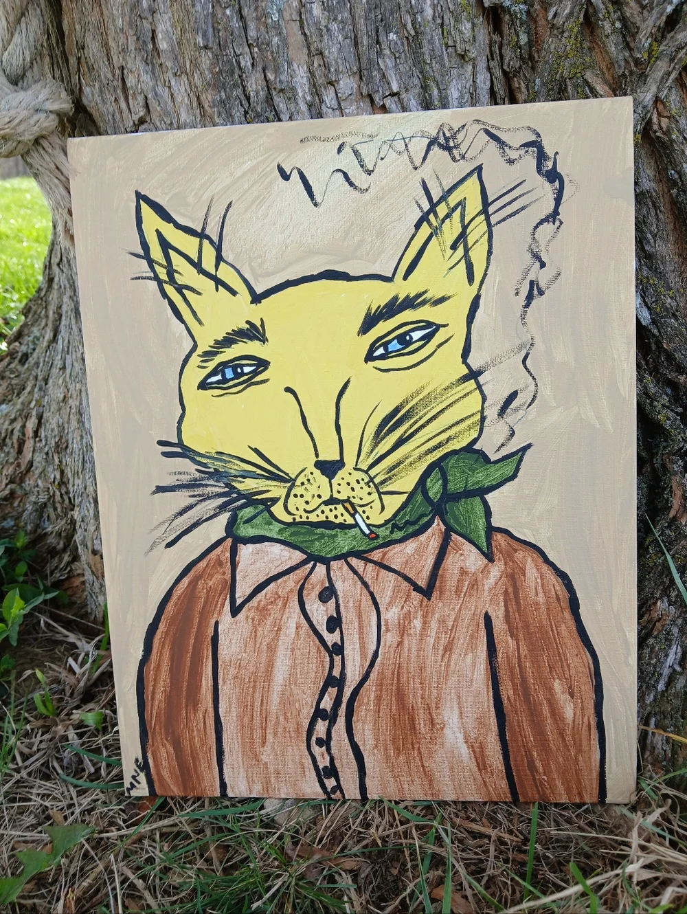 Smoking Cat Painting Folk Art - Picture 10 of 10